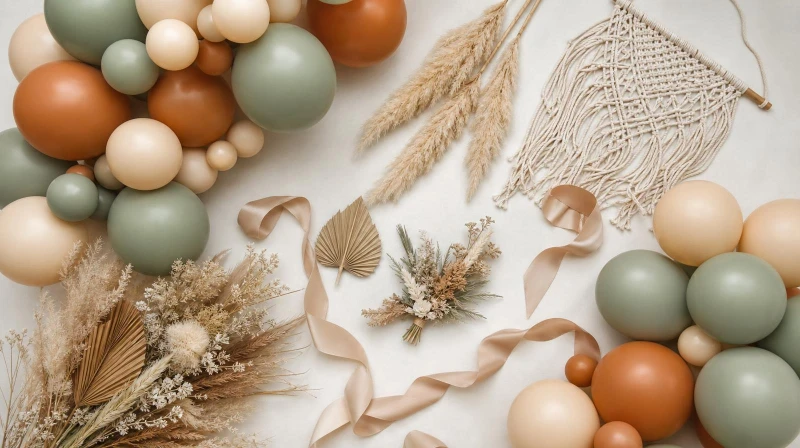 A boho baby shower color palette in cream, terracotta, and sage with pampas