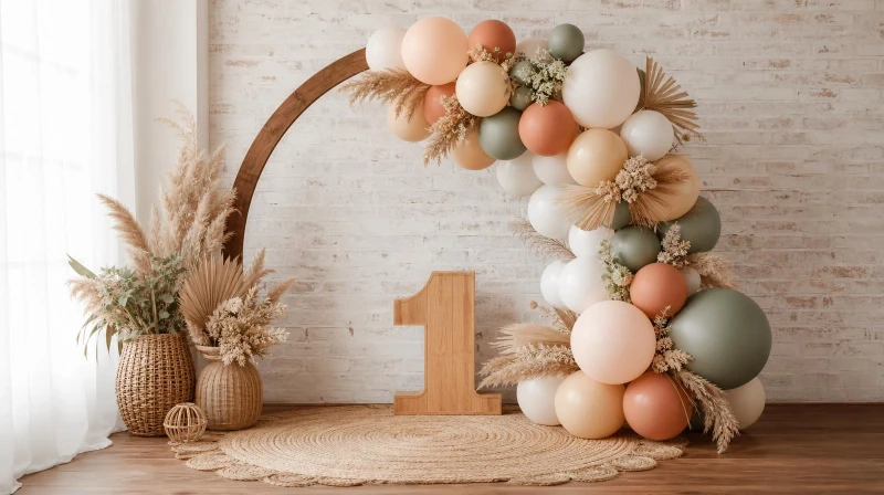 A stunning boho first birthday backdrop featuring a wooden arch, a full balloon garland in earthy tones, and tall pampas grass arrangements.