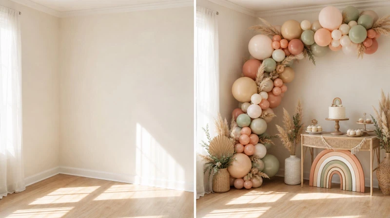 A side-by-side photo showing a plain living room corner next to the same corner styled beautifully with a boho rainbow balloon arch and wooden backdrop.