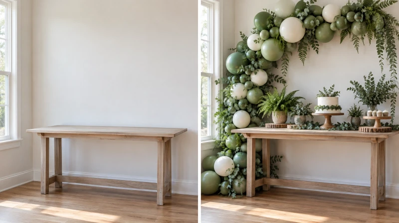 Before and after of a plain corner styled for a botanical baby shower