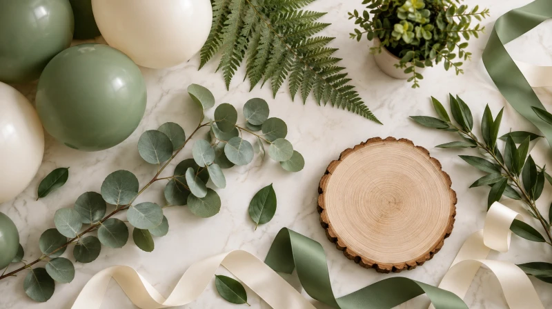 A botanical baby shower color palette in green, cream, white, and wood