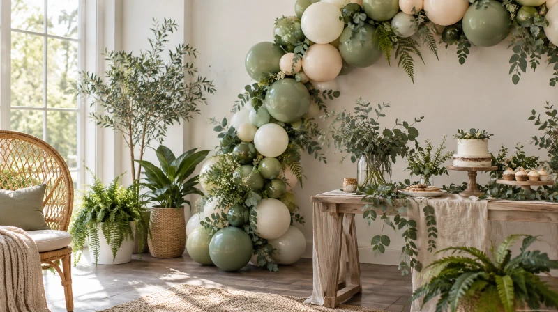 Botanical baby shower decorations with a green balloon garland and lots of eucalyptus