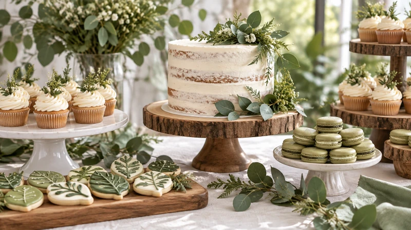 A botanical baby shower dessert table with a greenery cake and leaf cookies