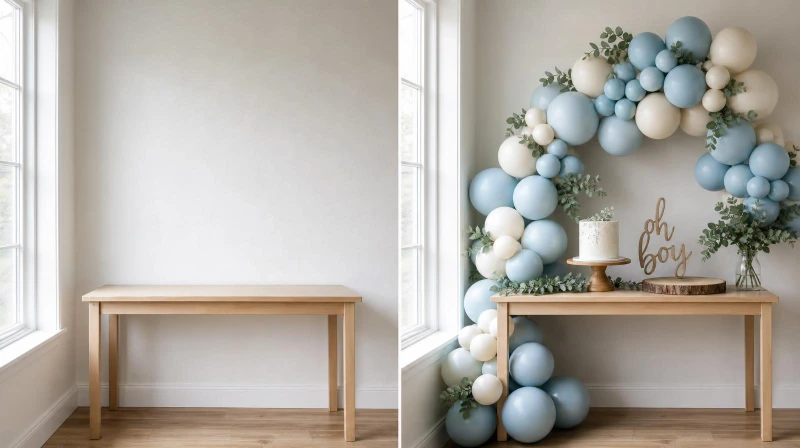 Before and after of a plain table styled into a boy baby shower setup