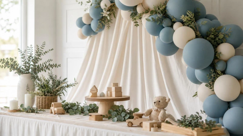 Boy baby shower decorations with a dusty blue balloon garland and greenery