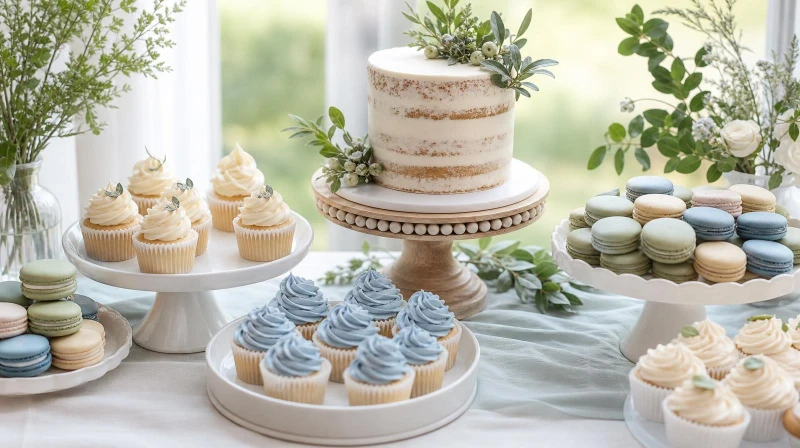 A boy baby shower dessert table with a greenery cake and blue treats