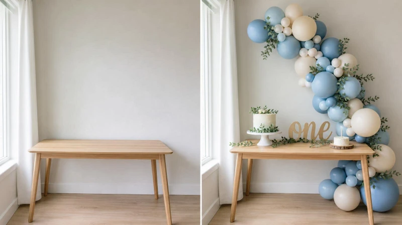 Before and after of a plain corner styled for a boy first birthday