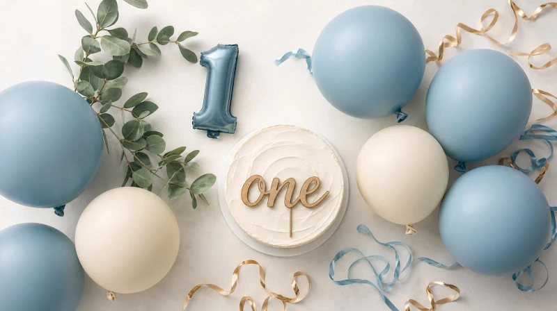 A boy first birthday color palette in blue, sage, cream, and gold