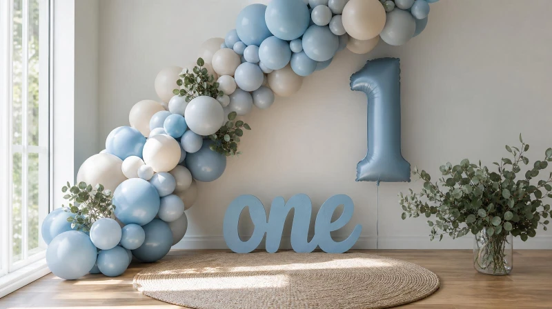 Boy first birthday decorations with a blue balloon garland and a one sign