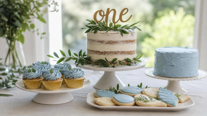 A boy first birthday dessert table with a greenery cake and blue treats