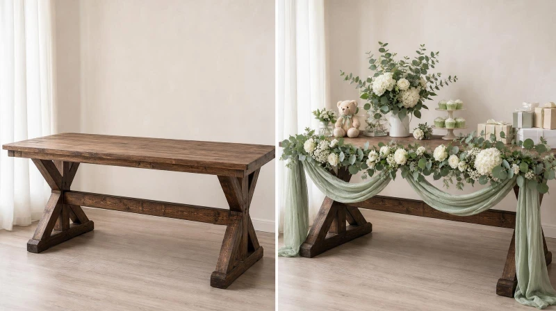 Before and after of a plain table styled into a budget baby shower setup
