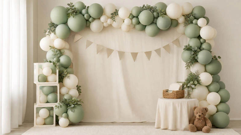 Budget baby shower decorations with a soft balloon garland and greenery