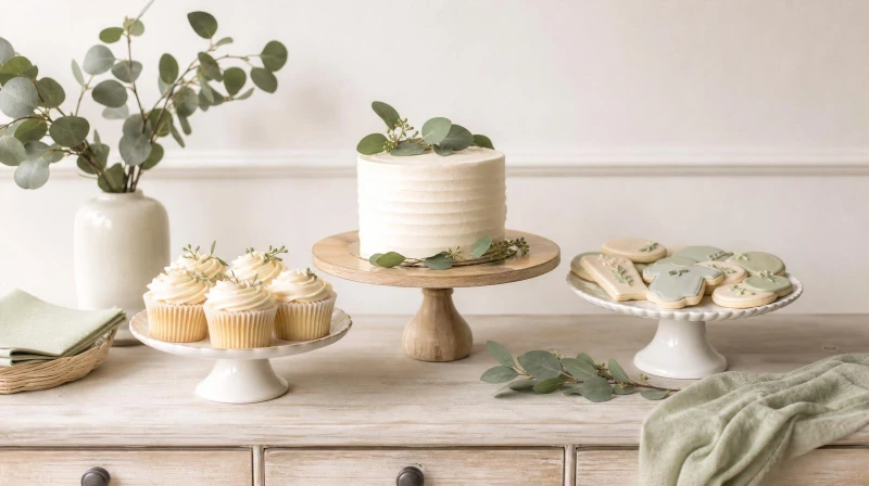 A budget baby shower dessert table with a simple cake and treats