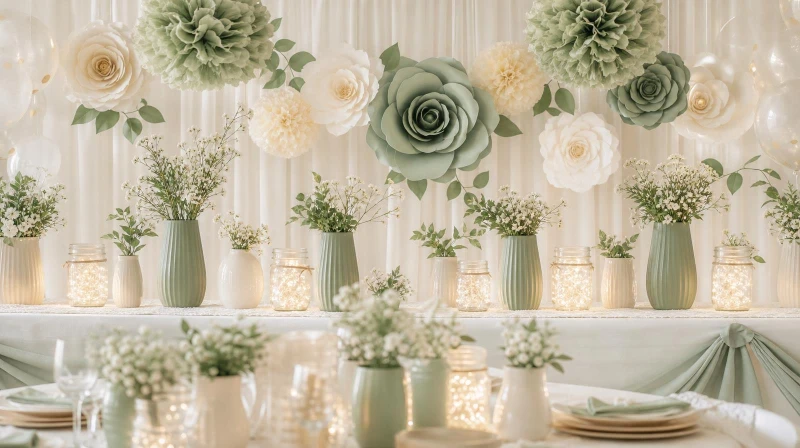 Budget DIY baby shower decorations like paper flowers and tissue pom-poms