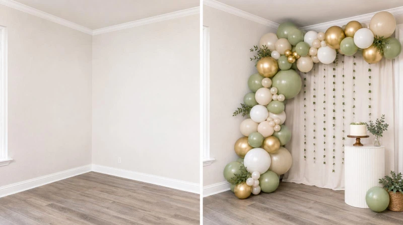 Before and after of a plain corner styled into a budget birthday party corner