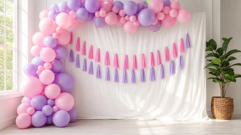 Budget birthday party decorations with a colorful balloon garland and simple backdrop