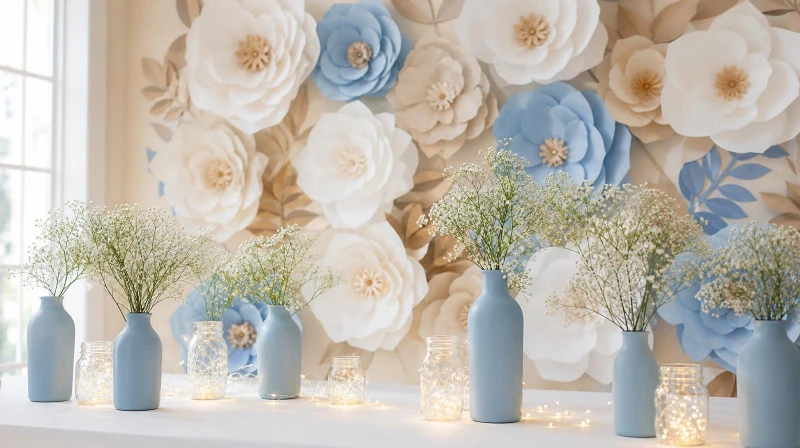 DIY budget birthday decorations like painted vases and a paper flower backdrop