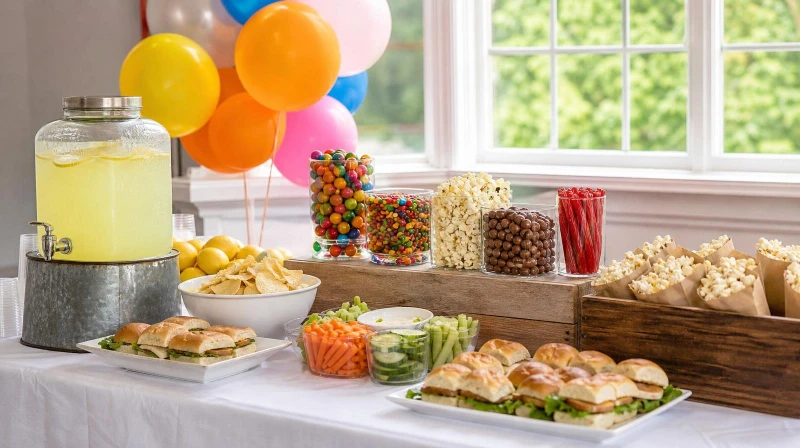 A budget birthday party food table with finger foods, a candy bar, and a drink dispenser