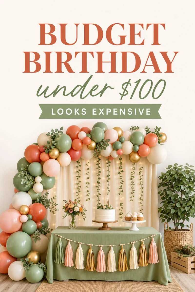 A Pinterest graphic with the text "Budget Birthday Party Ideas Under $100" over a colorful party setup