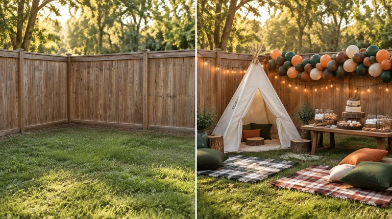 Before and after of a plain backyard corner styled for a camping birthday party