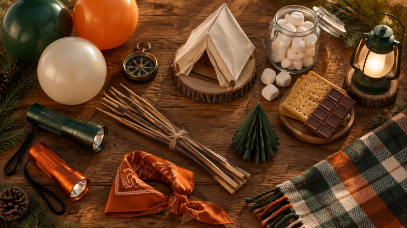 A camping birthday party color palette with green, orange, and cream balloons, a flashlight, a compass, roasting sticks, and marshmallows