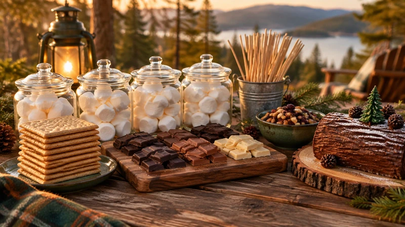A s'mores bar with jars of marshmallows, graham crackers, chocolate, roasting sticks, trail mix, and a log cake