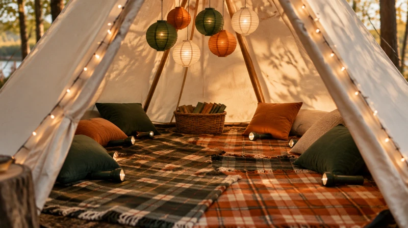 The inside of a canvas teepee tent set up for a camping party with plaid blankets, cushions, flashlights, and paper lanterns