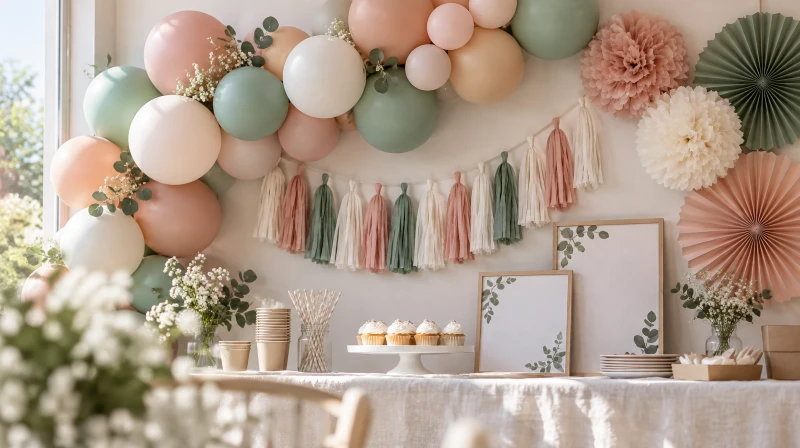 Cheap DIY party decorations with a balloon garland and paper flowers