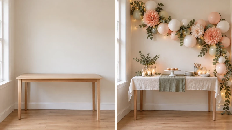 Before and after of a plain corner styled with cheap party decorations