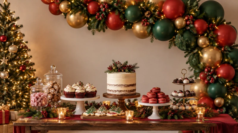 A Christmas dessert table with a pine and balloon backdrop and treats at different heights