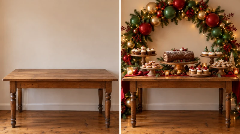 Before and after of a plain table styled into a festive Christmas dessert table