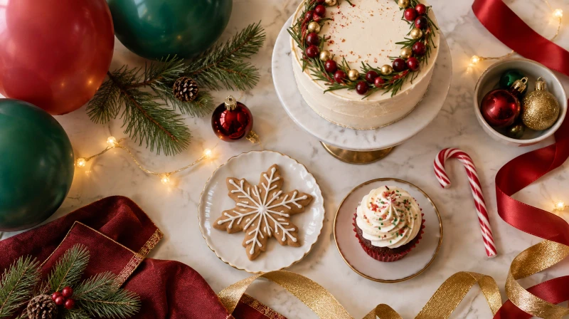 A festive Christmas dessert table spread featuring a holiday cake, decorated cupcakes, and snowflake cookies