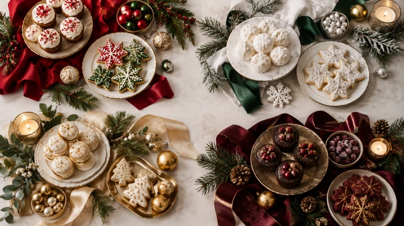 A Christmas dessert table color palette in red, green, gold, and cream