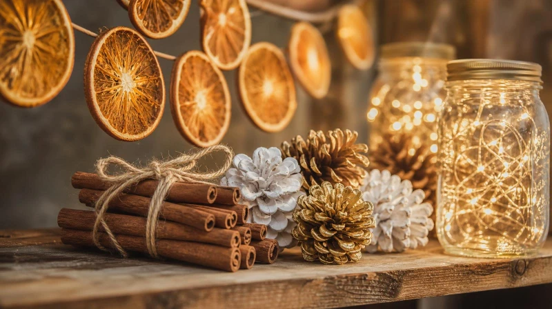 Budget DIY Christmas decorations like dried orange garland and painted pinecones