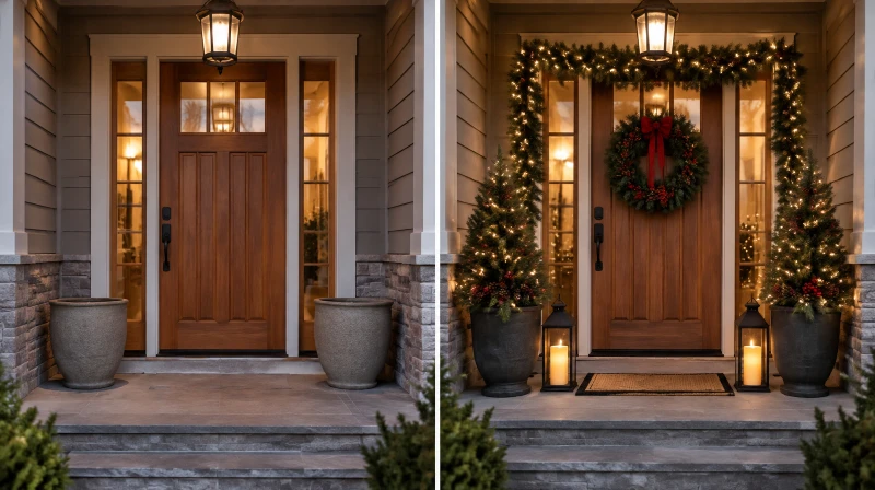 Before and after of a plain front porch decorated for Christmas with a wreath, garland, planters, and lanterns