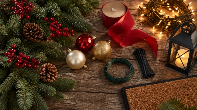 A Christmas front porch color palette with evergreen branches, red berries, pinecones, ornaments, plaid ribbon, a lantern, and warm white lights
