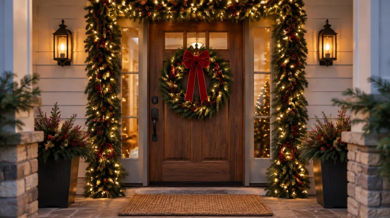 A front door with a pine garland around the frame, a 24 inch wreath with a red bow, warm white lights, and a wooden doormat