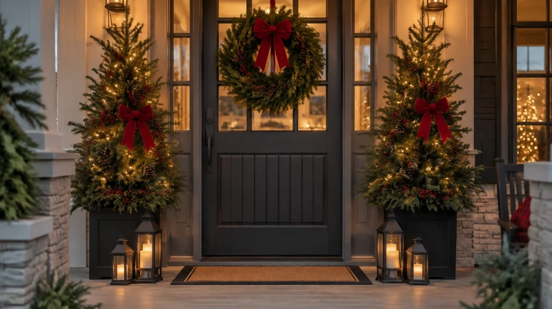 Two black planters with 4 foot pine trees, red ribbon, pinecones, and warm white lights on either side of a front door
