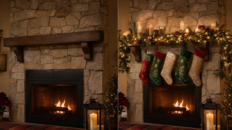 Before and after of a plain mantel styled into a cozy Christmas mantel