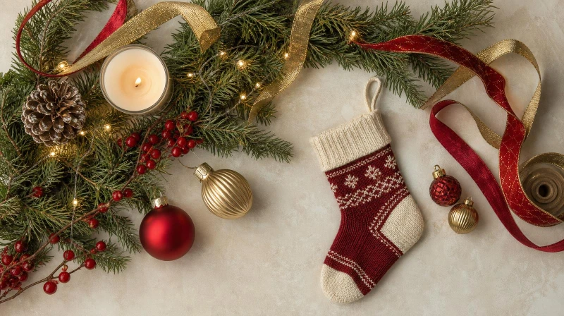 A Christmas mantel color palette in green, red, gold, and cream