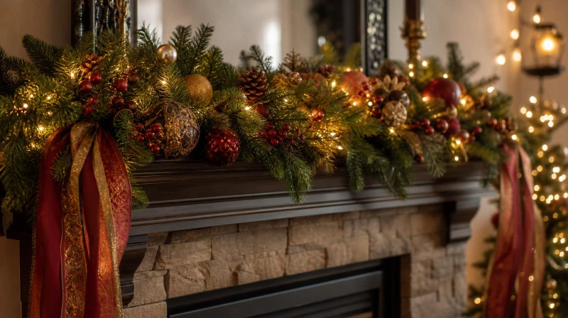 A Christmas mantel with a lush pine garland, fairy lights, and ornaments