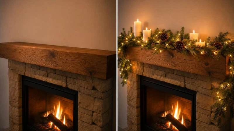 Before and after of a plain mantel decorated for a cozy budget Christmas