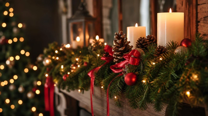 Cozy budget Christmas decorations with fairy lights, pine garland, and candles
