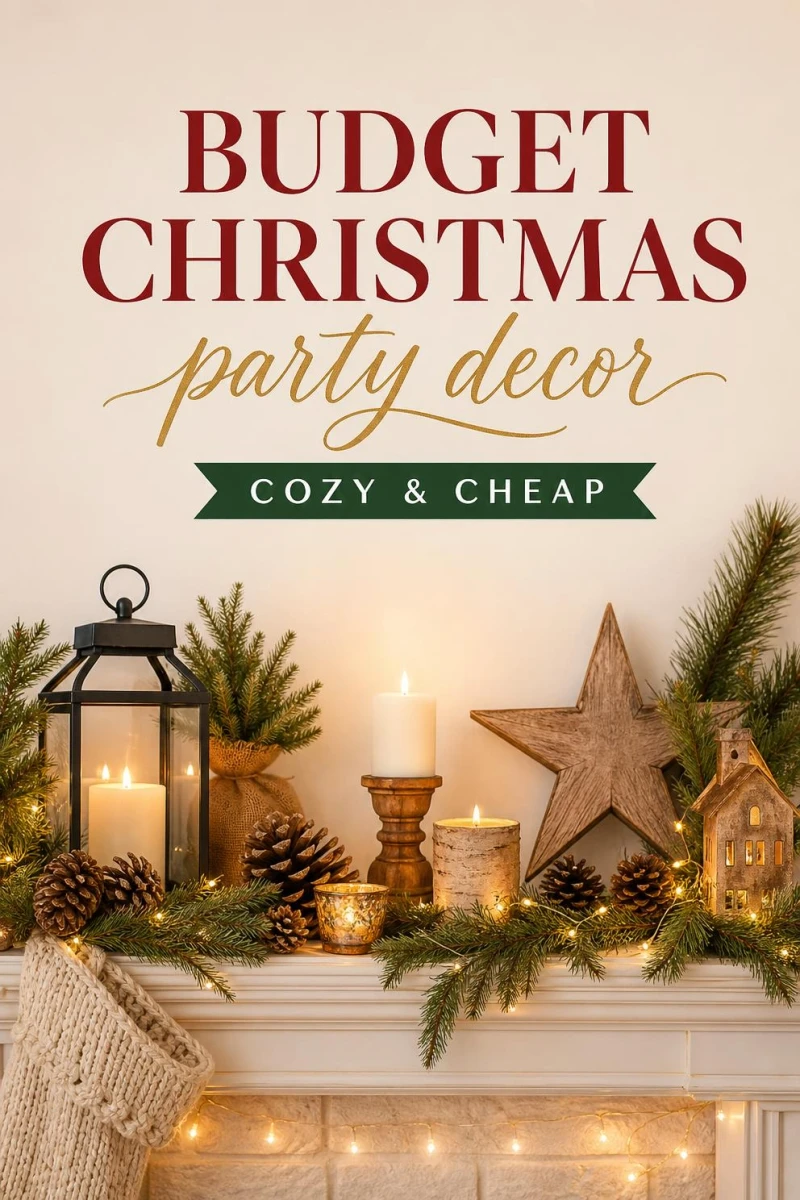 A Pinterest graphic with the text "Budget Christmas Party Decorations" over a cozy festive setup