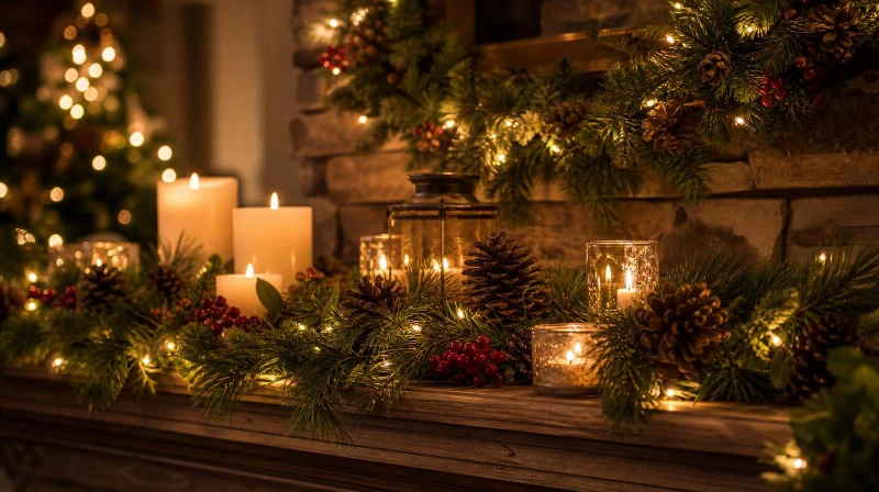 A cozy Christmas mantel with pine garland, candles, and fairy lights