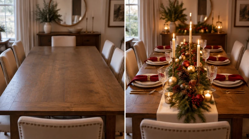 Before and after of a plain dining table styled for Christmas dinner with a runner, a garland, candles, and place settings