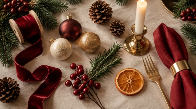 A Christmas table color palette with red, green, gold, and cream ornaments, ribbon, pine branches, berries, a candle, and a napkin
