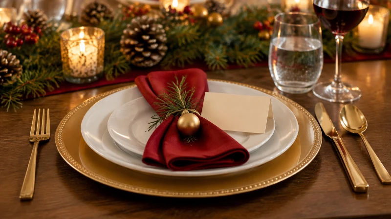 A Christmas place setting with a gold charger, white plates, gold flatware, a red napkin with a rosemary sprig, glassware, and a place card