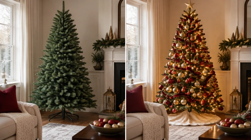 Before and after of a bare artificial Christmas tree and the same tree decorated with lights, ribbon, ornaments, a topper, and a skirt