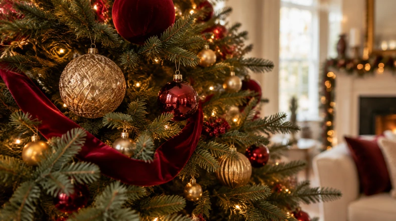 A close view of a Christmas tree branch with warm white lights woven through, a red velvet ribbon swag, and gold and red ornaments